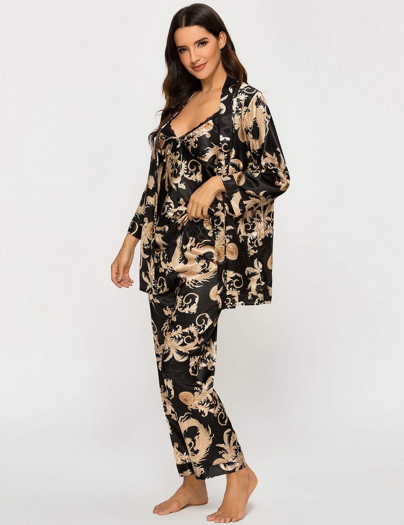 Escalier Women's Silk Satin Pajamas Set 3 Pcs Floral Silky Pj Sets Sleepwear Cami Nightwear with Robe and Pants Black L - Image 4